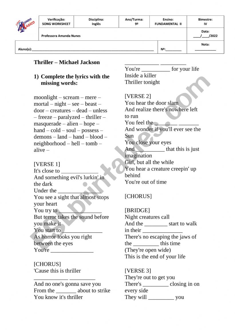 THRILLER MJ WORKSHEET worksheet