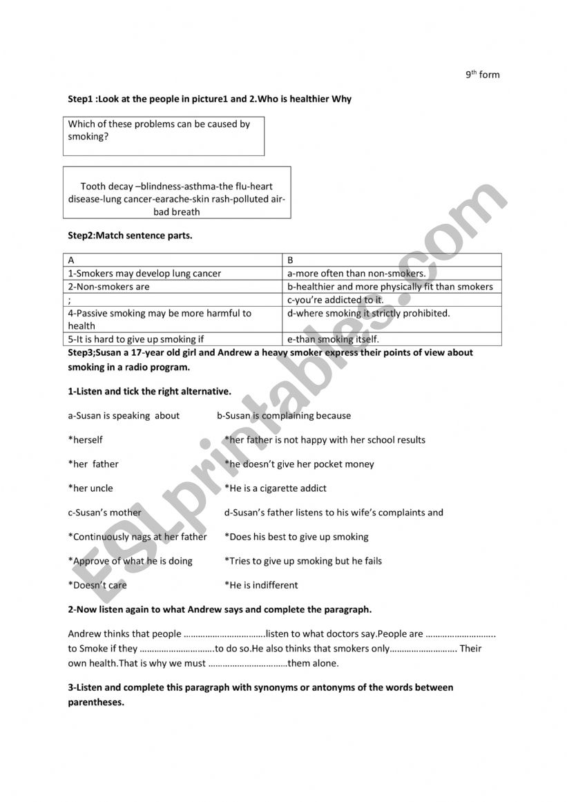 health issues worksheet