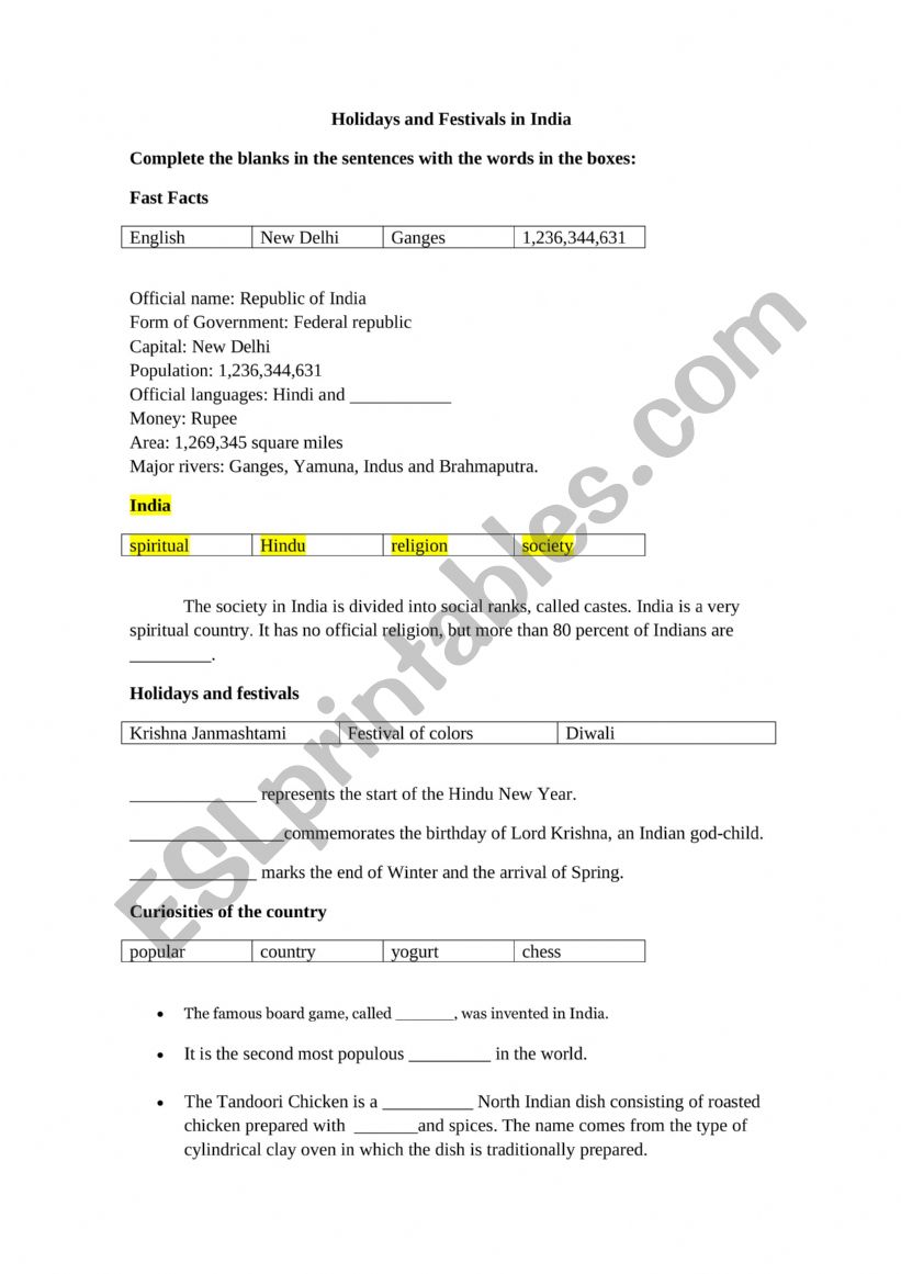 India Handout worksheet