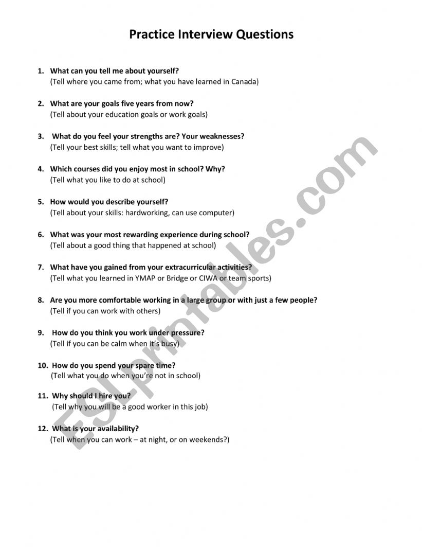 ESL Job Interview Questions worksheet