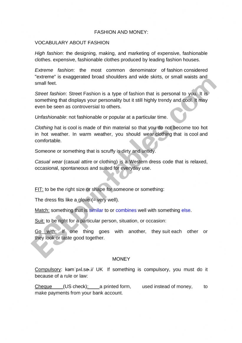 Guide for vocabulary about fashion and money Trinity GESE 6 Exam