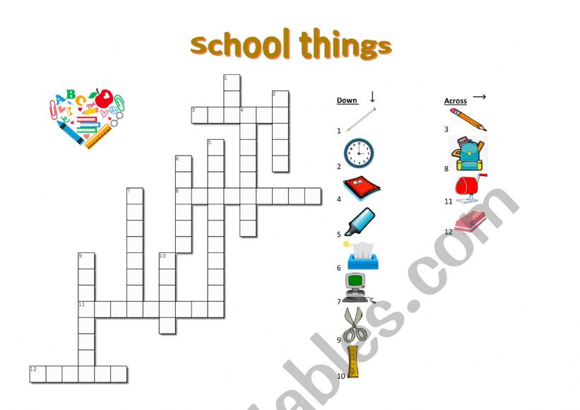 Crosswords_school things worksheet