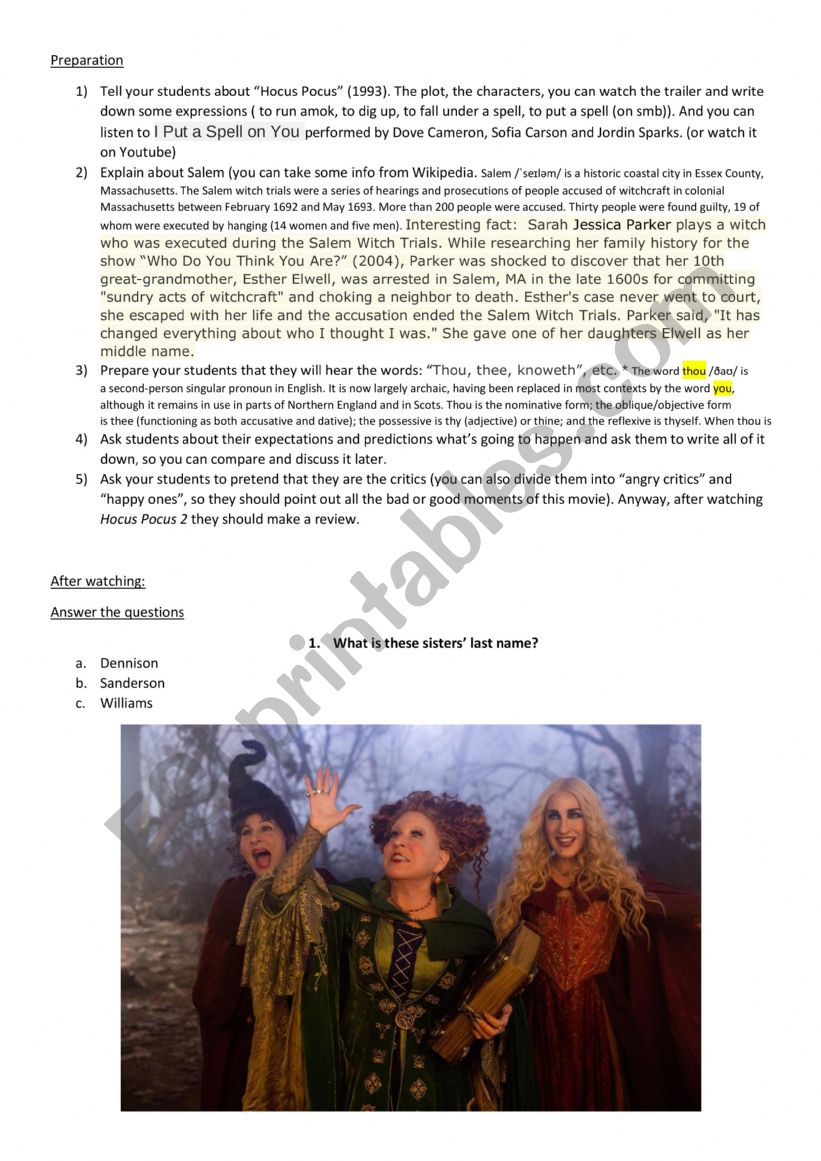 Hocus Pocus 2 worksheet