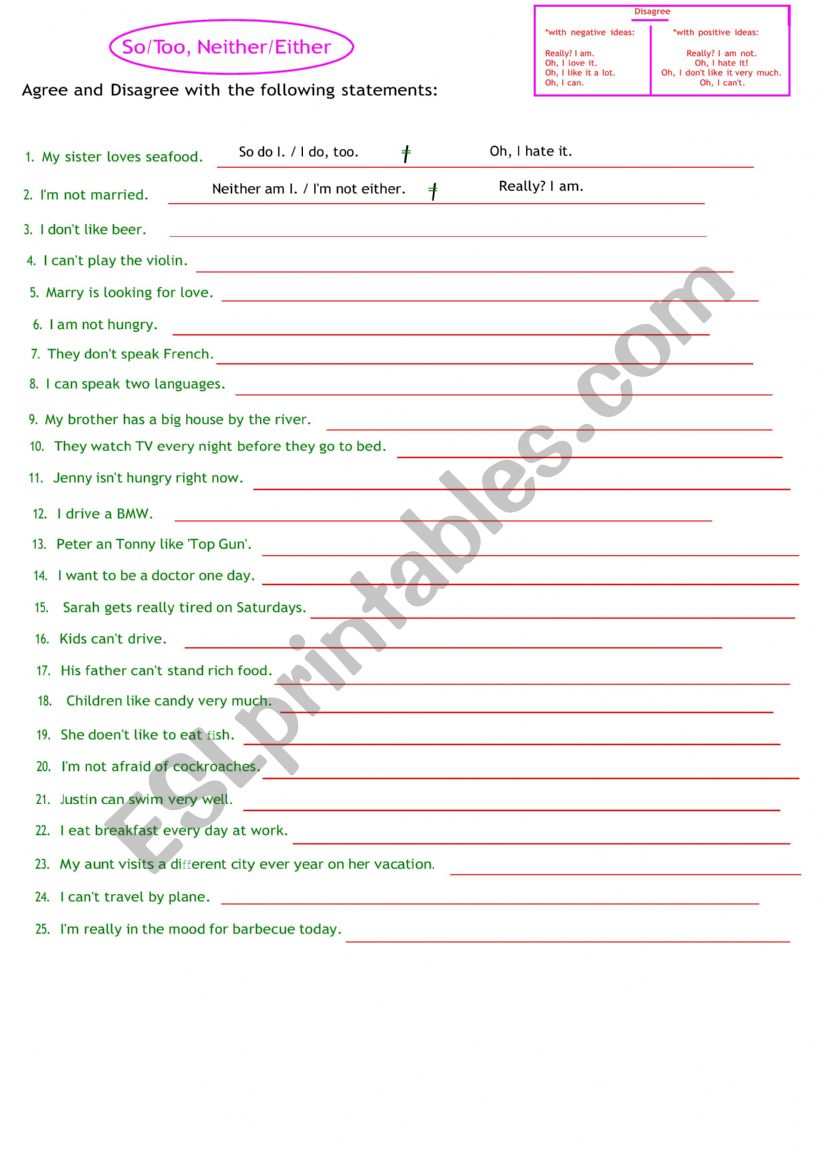 So/Too, Neither/Either worksheet