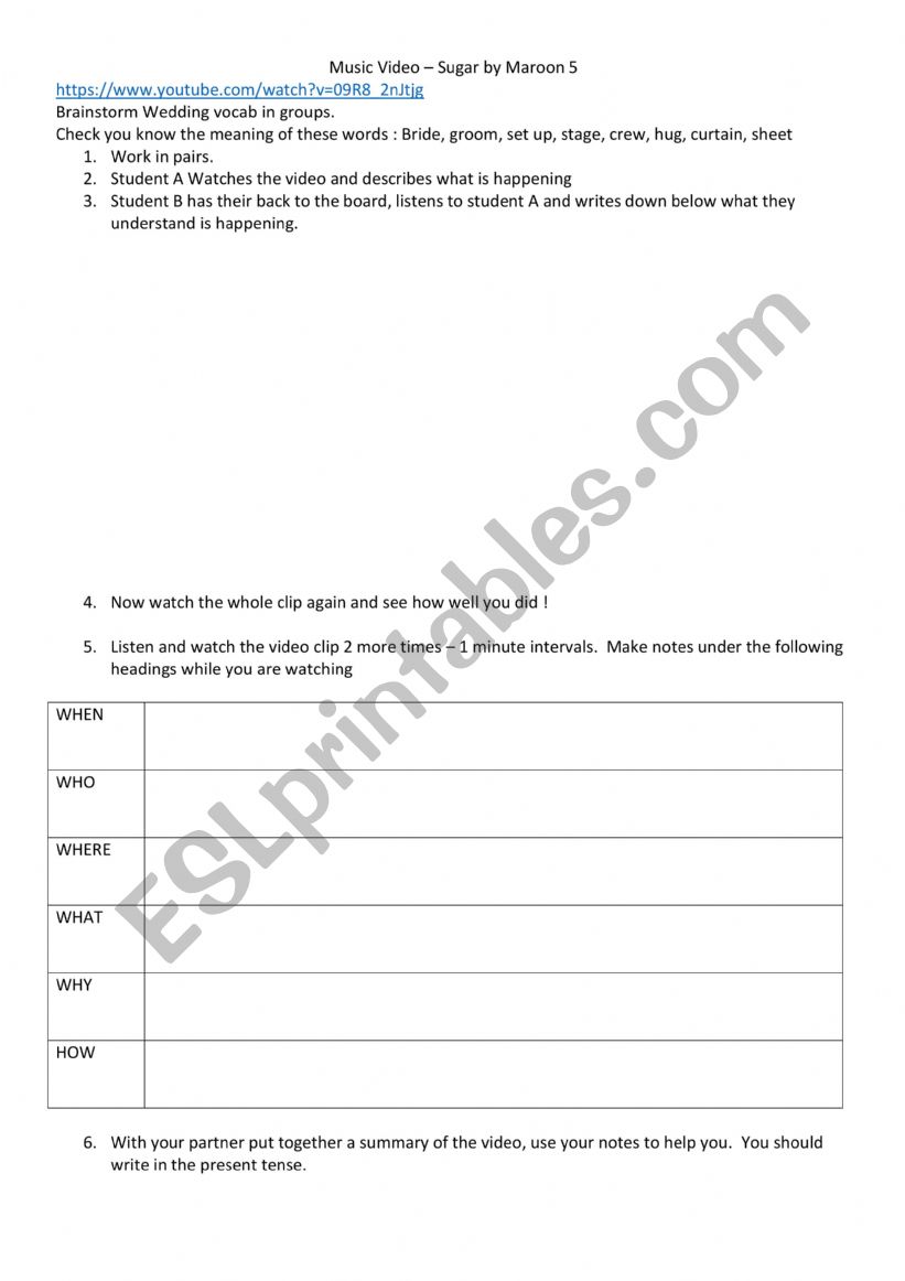 music video lesson worksheet