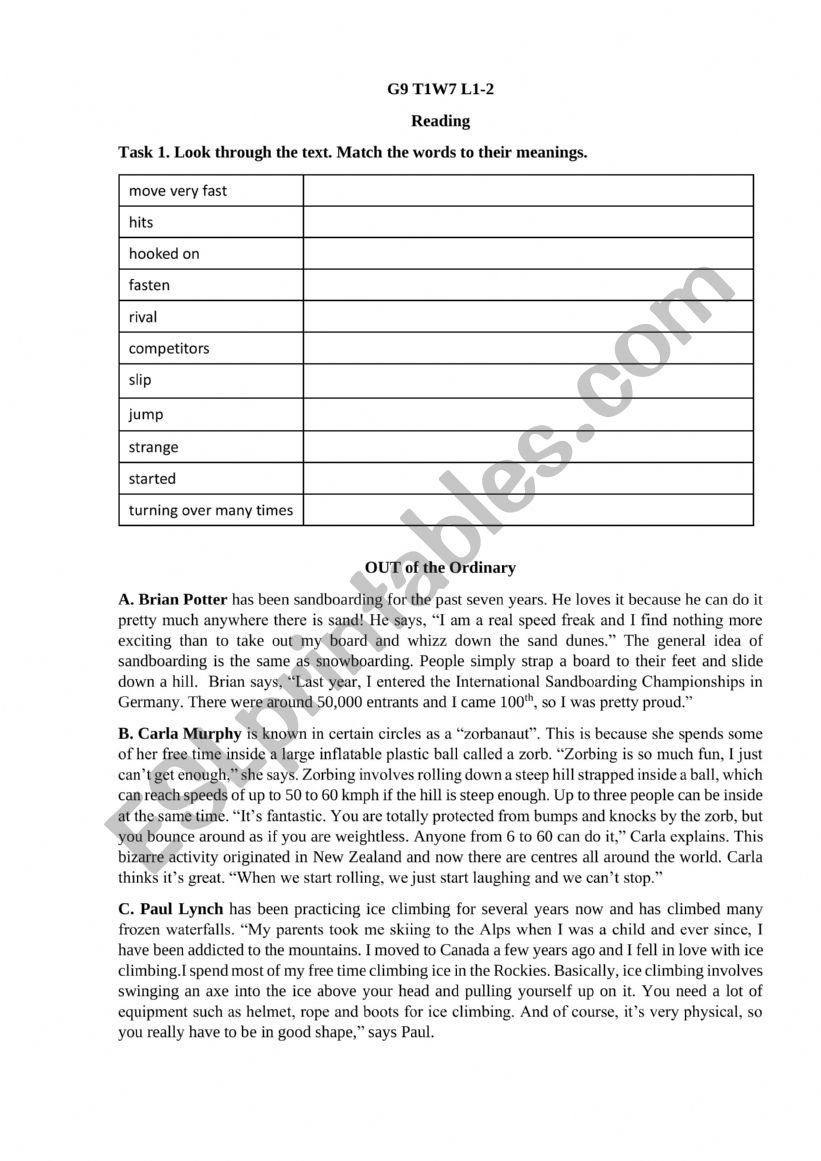 Reading Sport and exersise worksheet