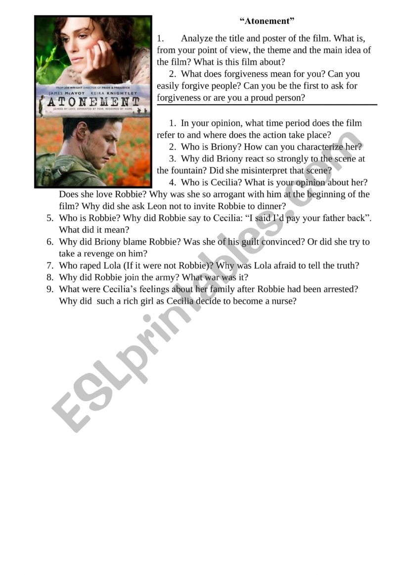  Atonement - questions for film discussion 