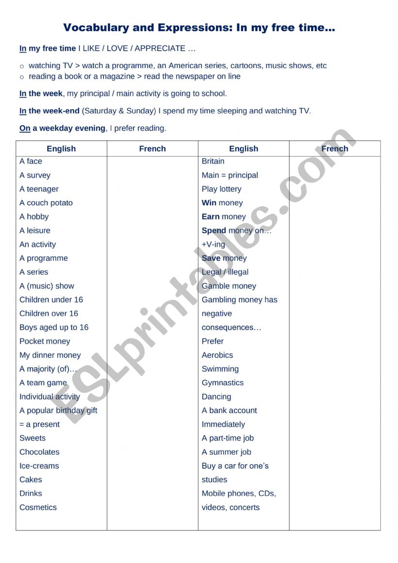 In my free time! worksheet