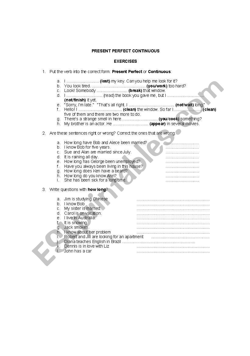 Present Perfect Continuous worksheet