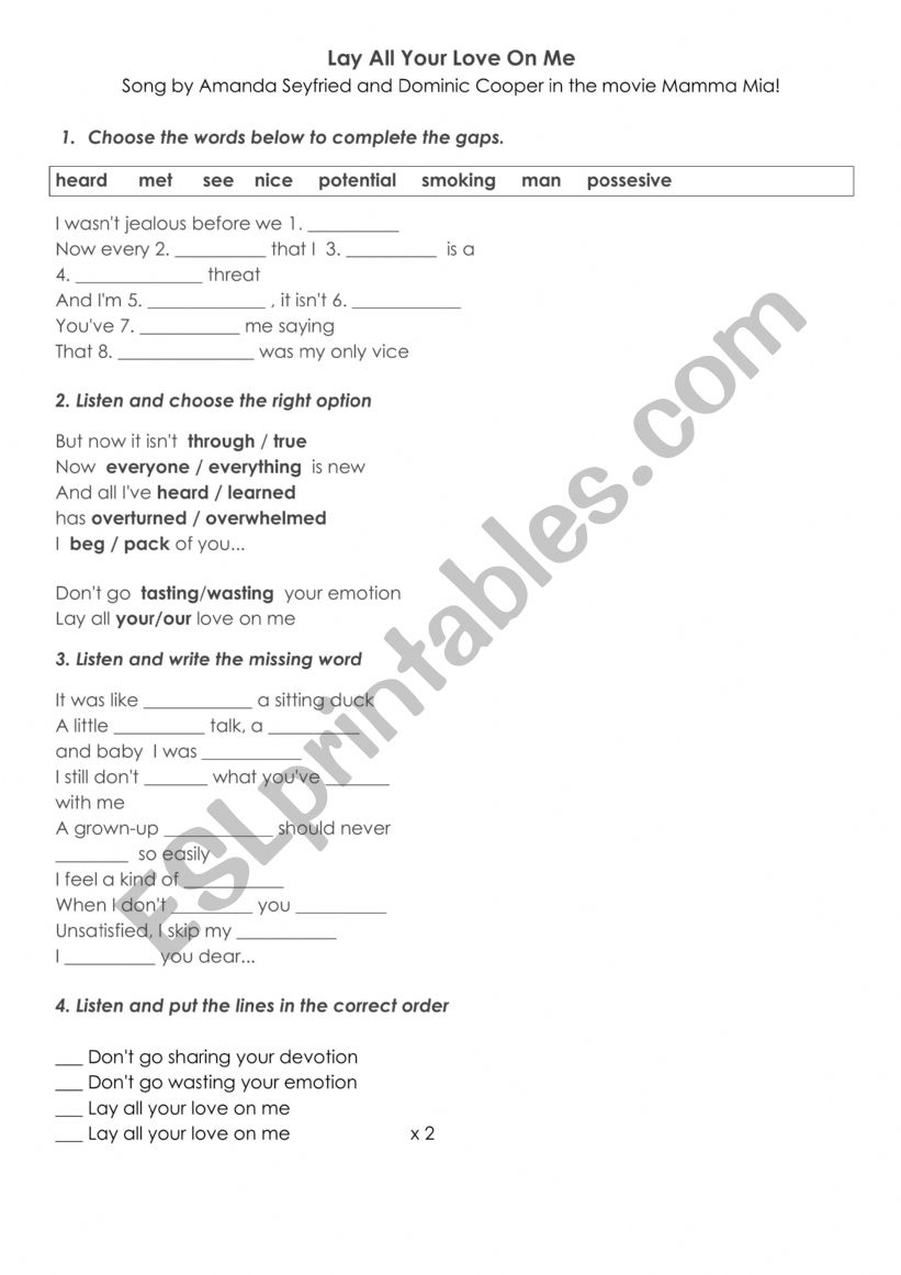 Lay All Your Love On Me - ABBA - ESL worksheet by chrysalis