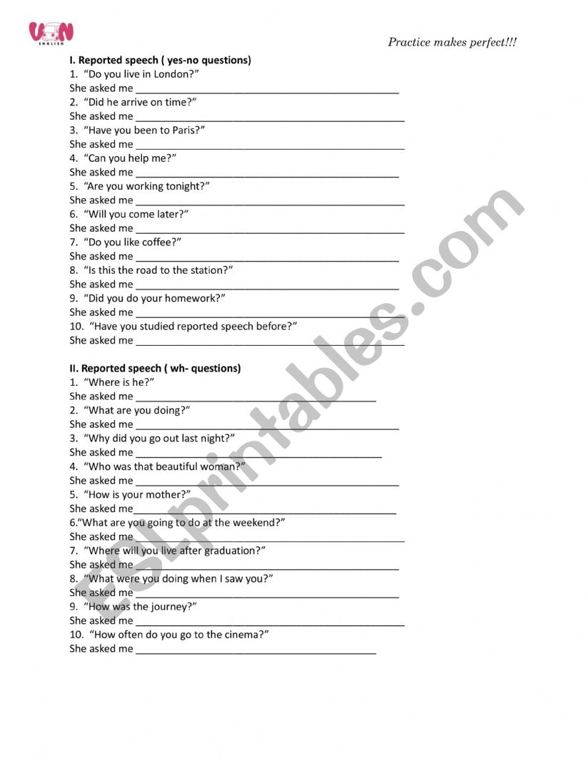 Reported speech questions worksheet