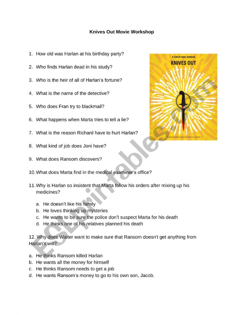 Knives out Workshop worksheet