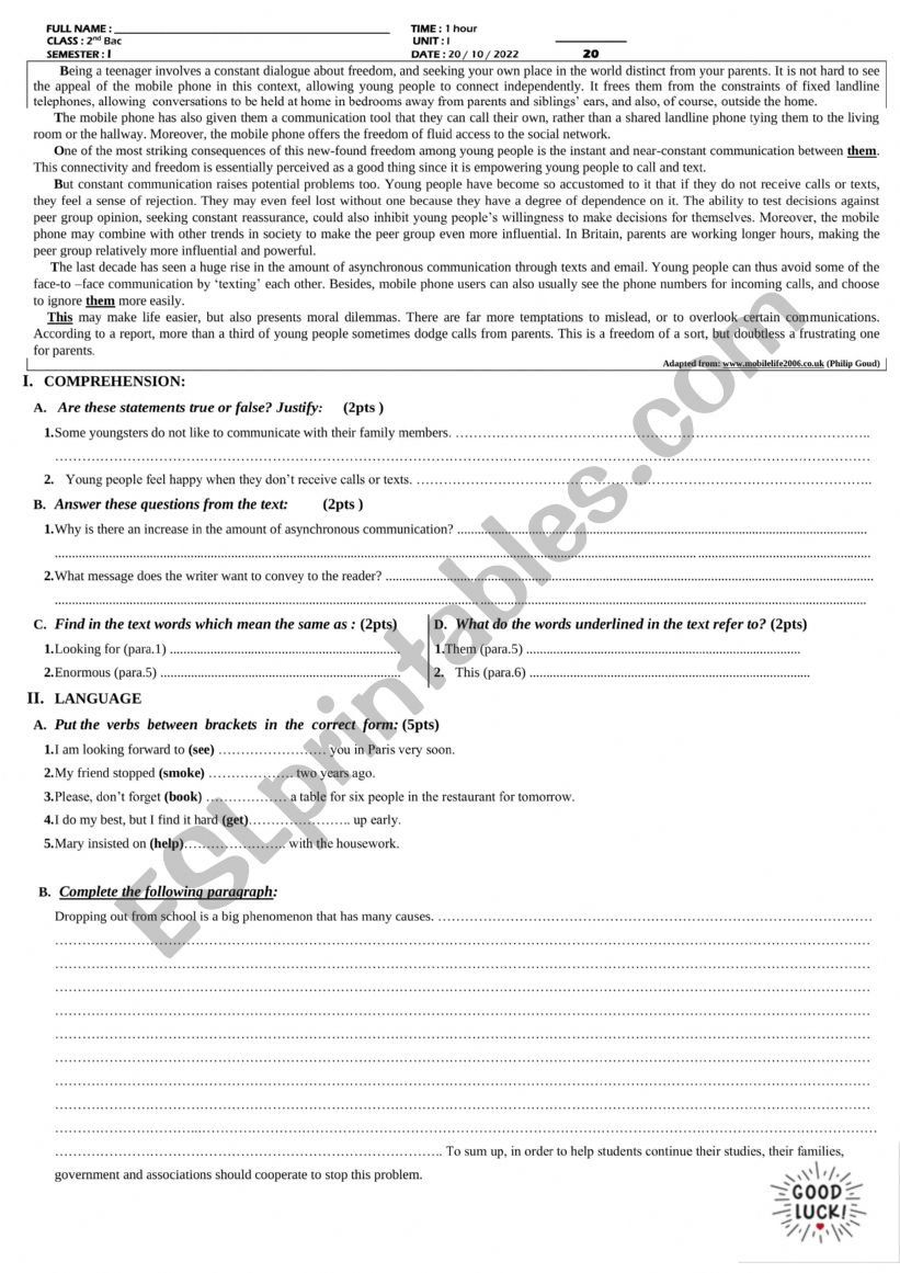 test worksheet