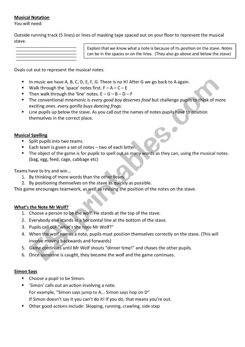 Musical Notation Games  worksheet