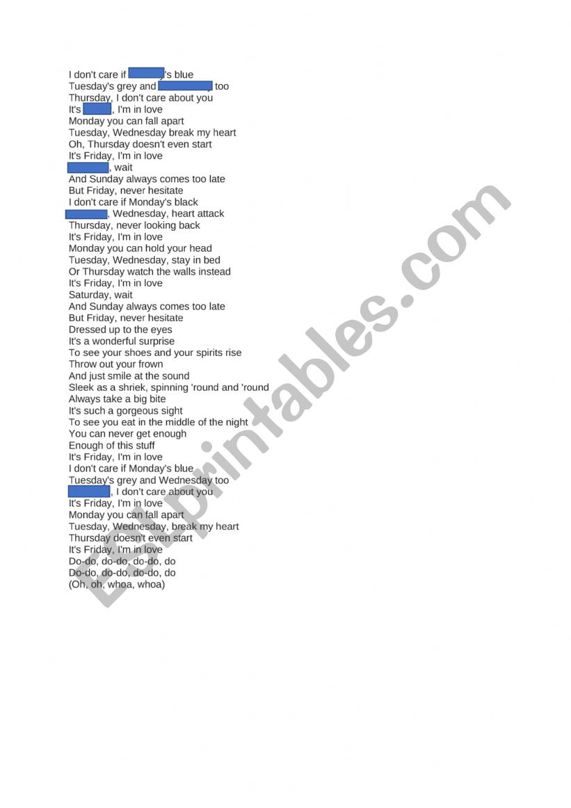 Friday I�m in love worksheet