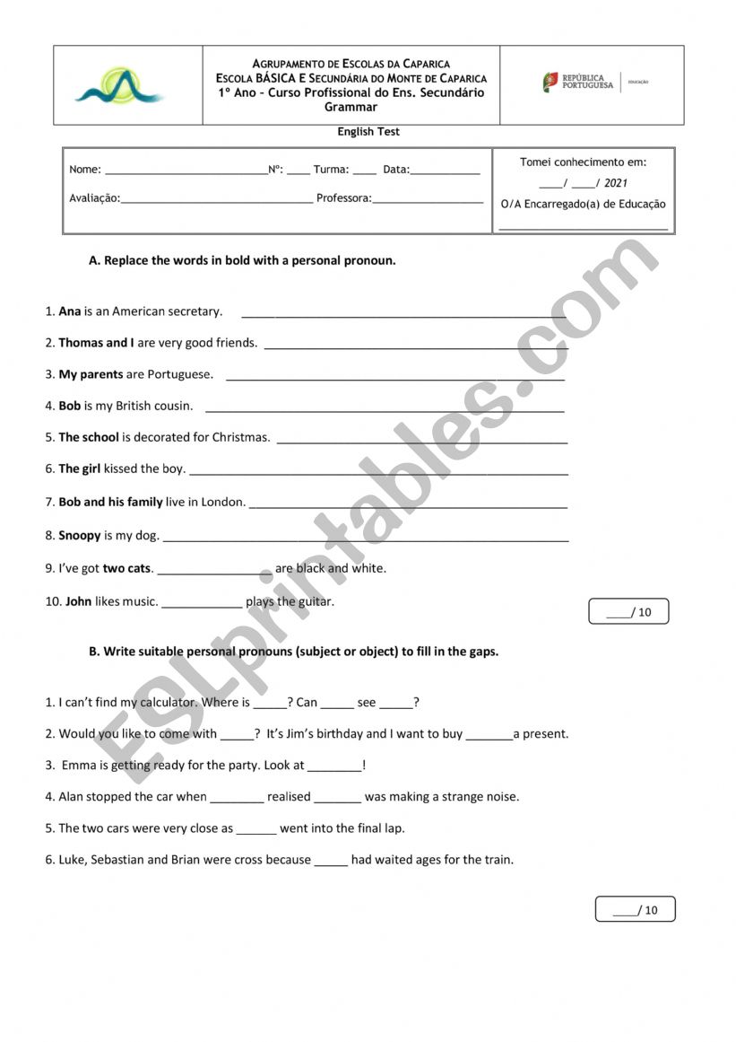 grammar test worksheet