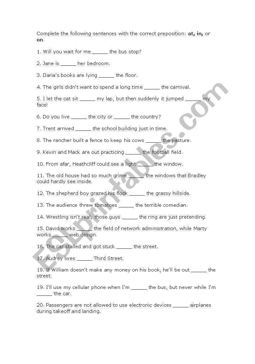 Prepositions IN, AT, ON worksheet