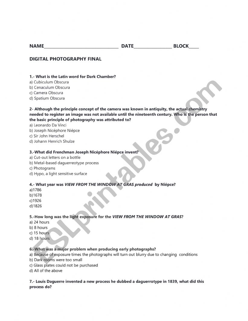  Photography final ( TEST) worksheet