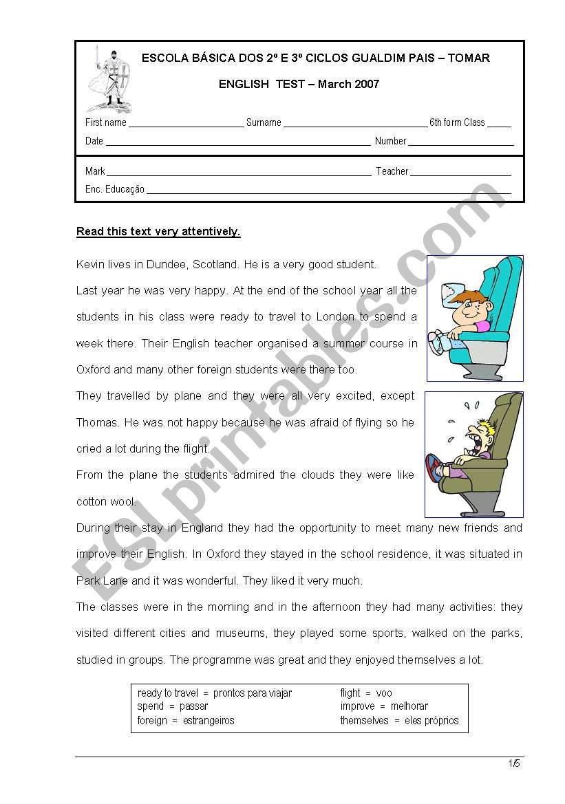 English Test 6th form worksheet