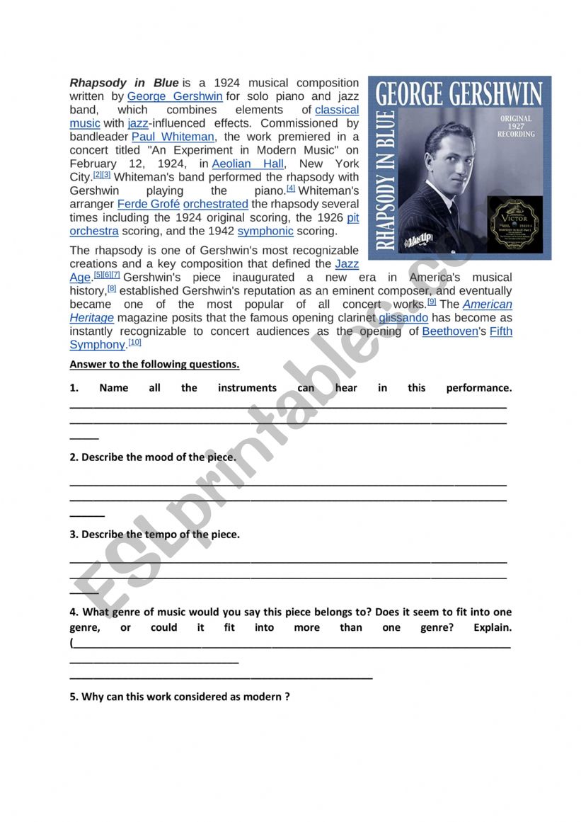 Rhapsody in blue and jazz worksheet