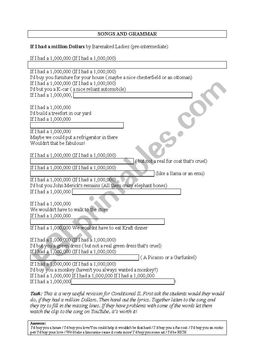  f I had a million Dollars by Barenaked Ladies // Using songs to teach Conditional II 