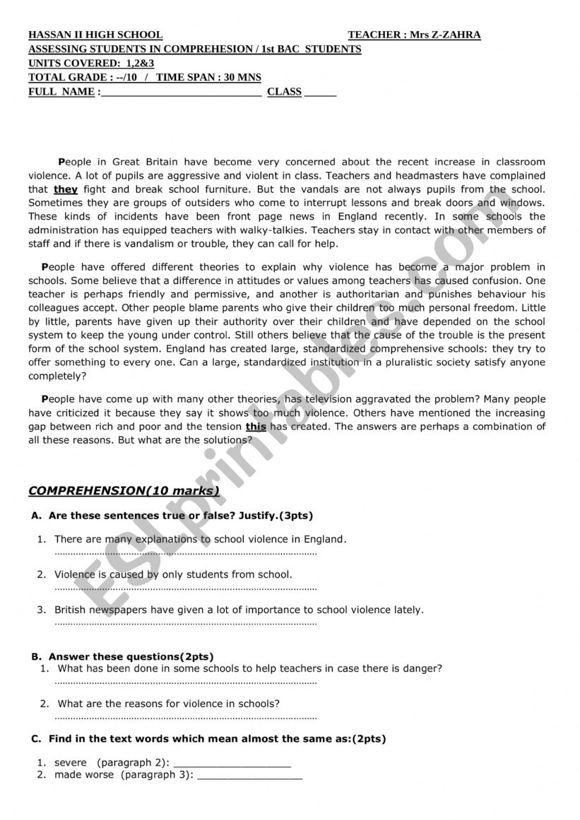 classroom violence worksheet