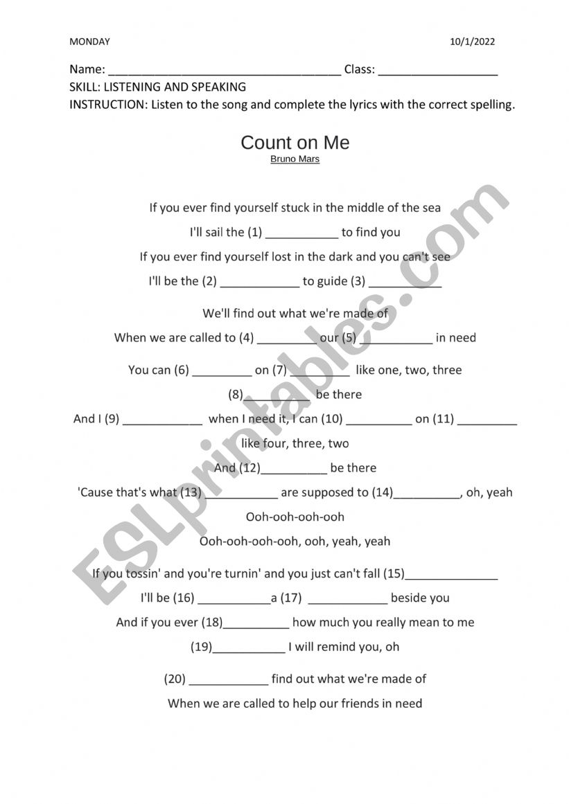 count on me lyrics worksheet