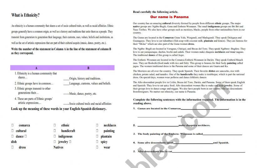 Ethnicity Vocabulary worksheet