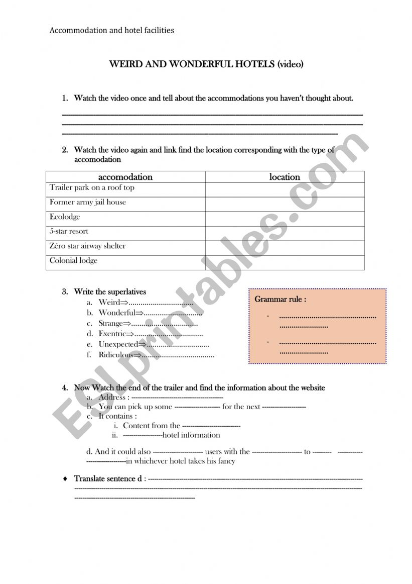 Weird and wonderful hotels worksheet