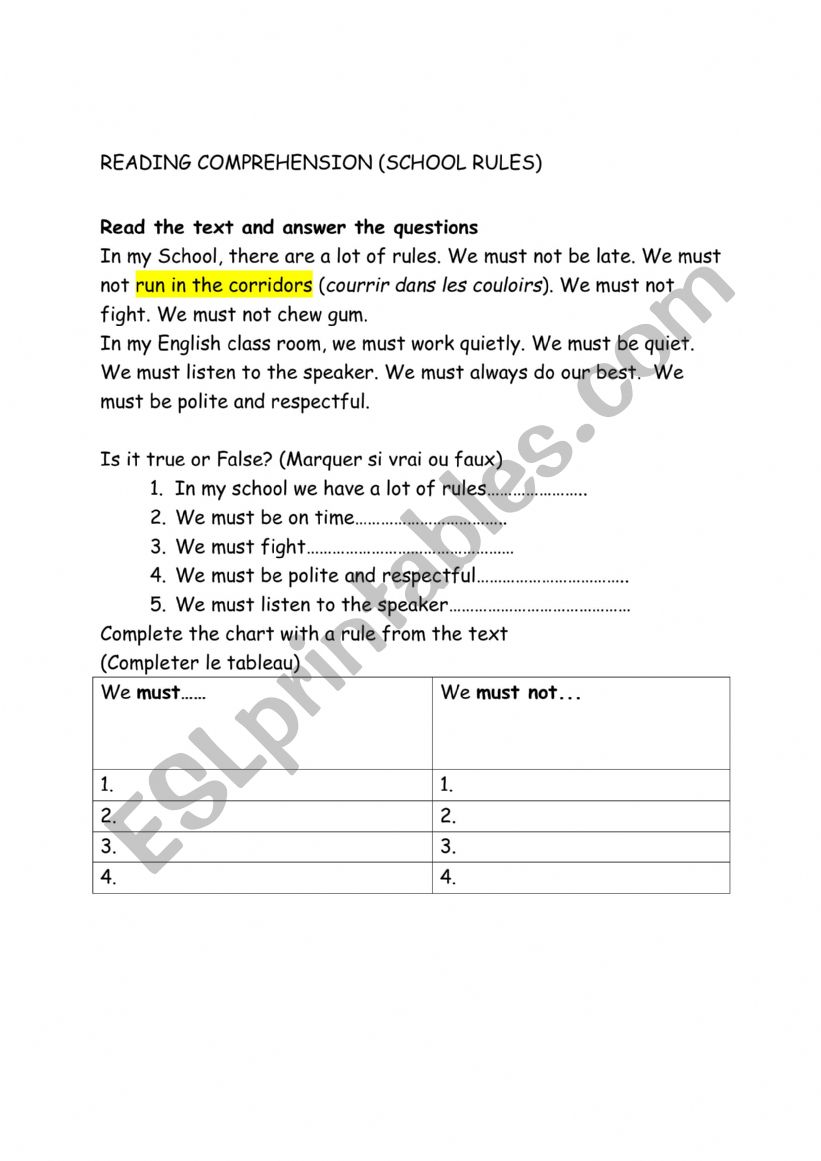 SCHOOL RULES worksheet