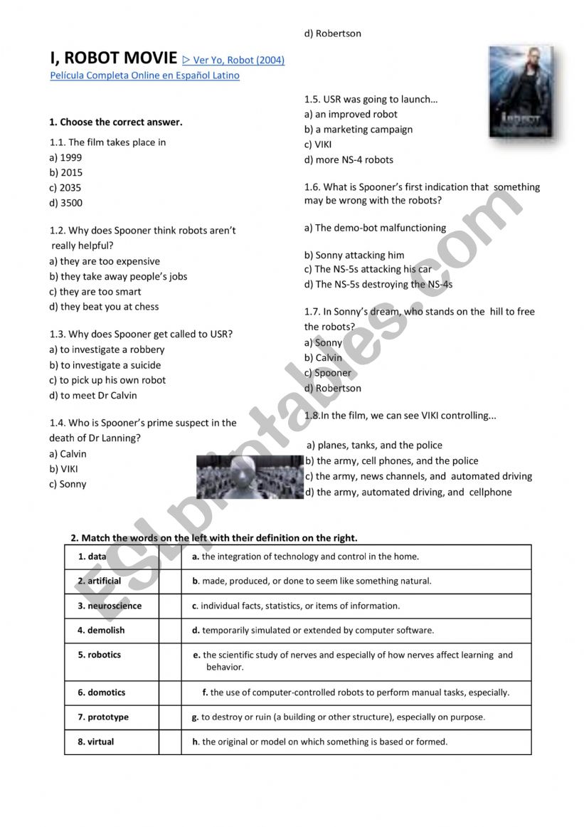 I Robot film video guide worksheet