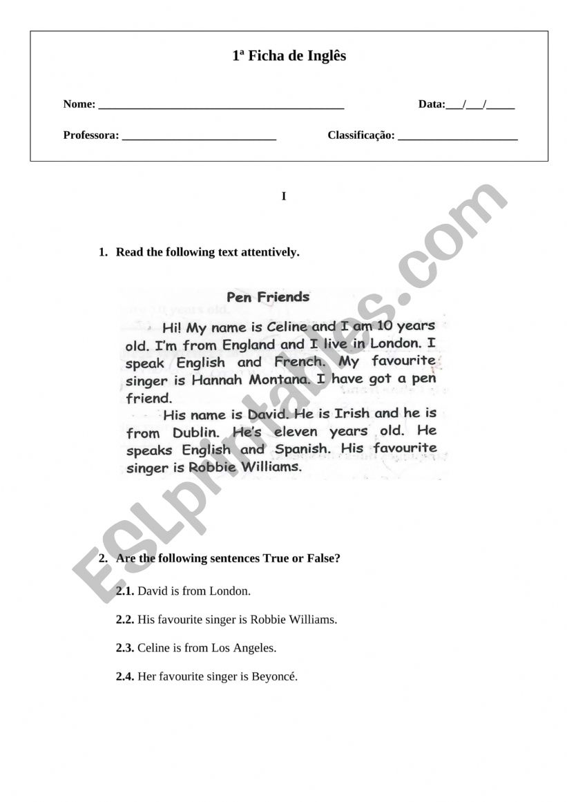 Penfriends worksheet