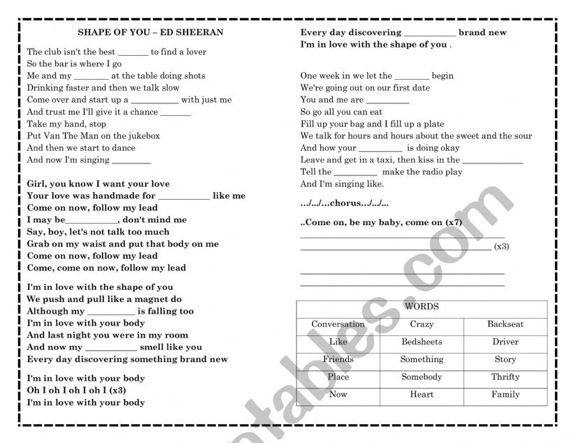 song --- shape of you worksheet