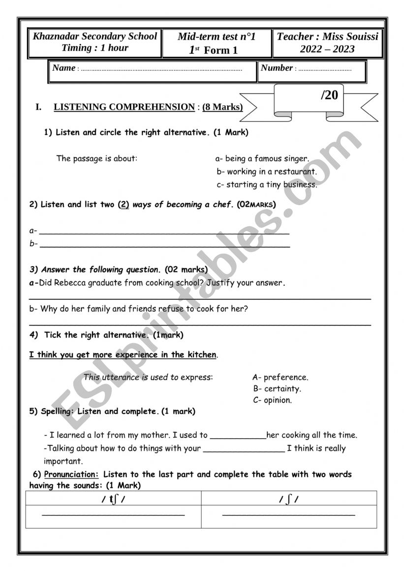 mid-term test first form worksheet