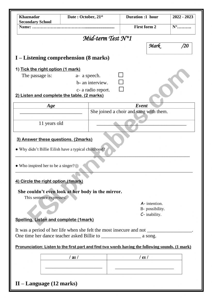 Mid-term test n1 First form worksheet
