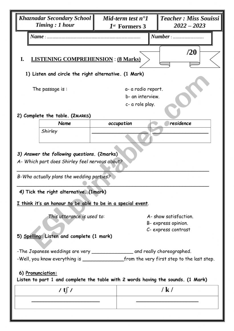 Mid-term test n1 first form worksheet