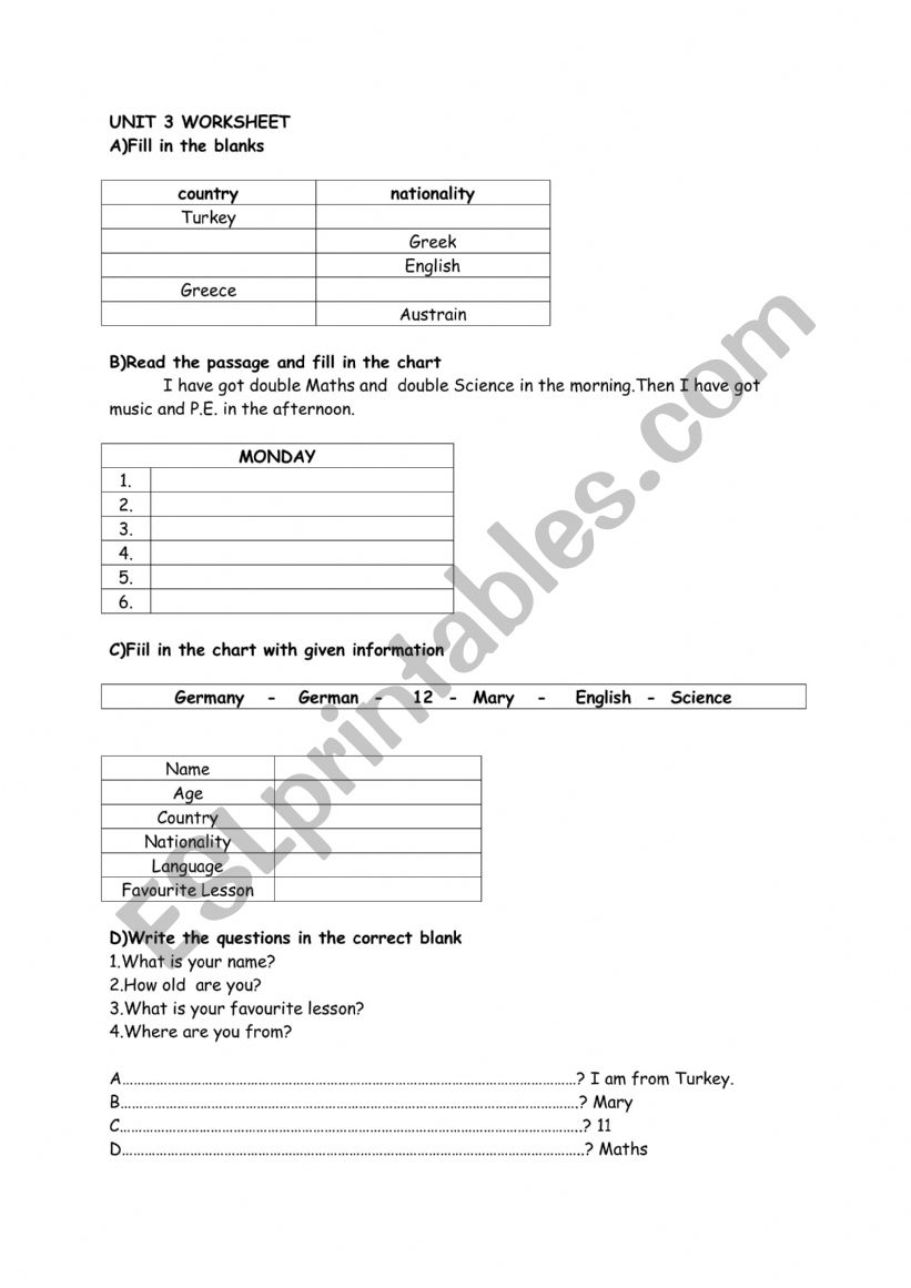 Personal Information worksheet