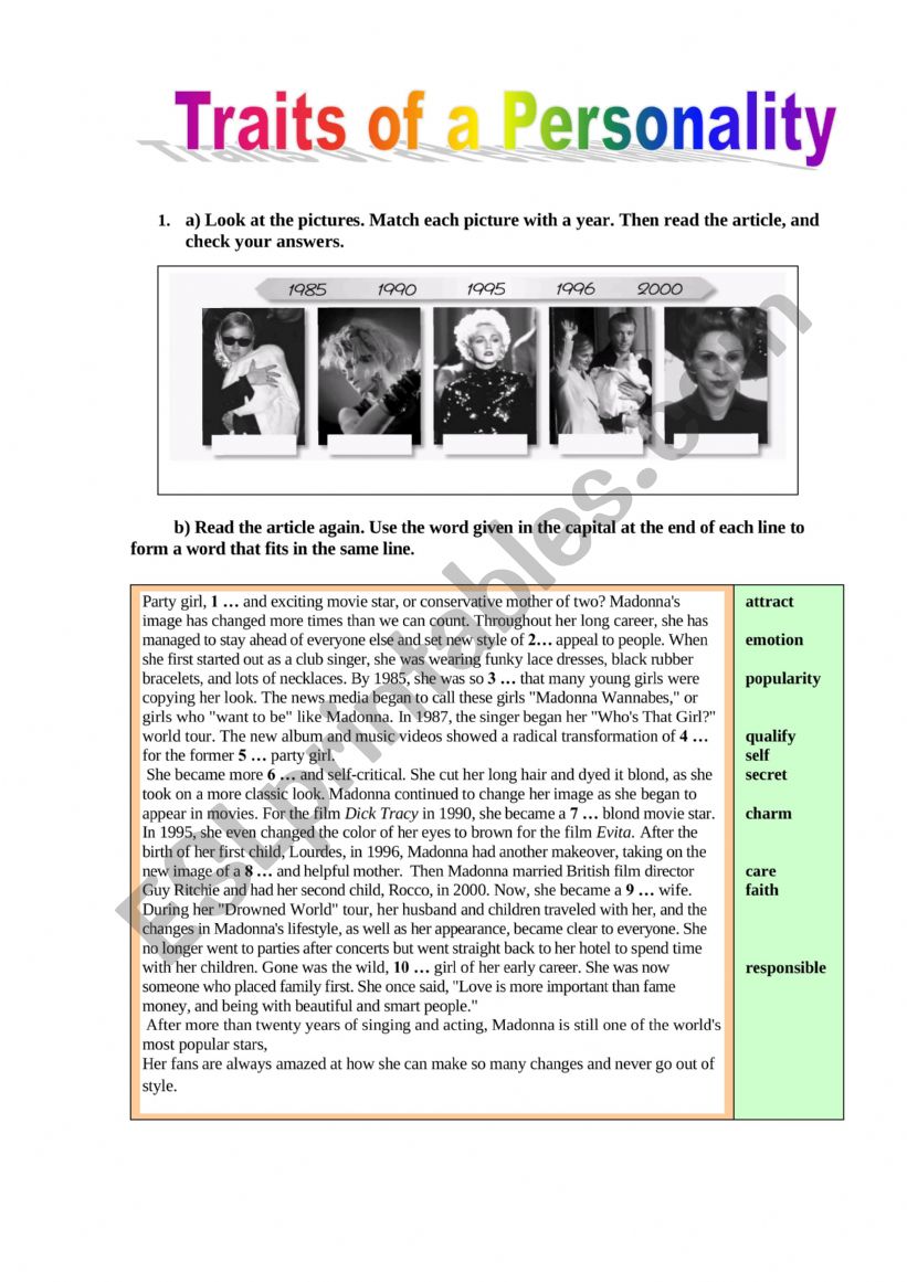 Traits of a personality worksheet