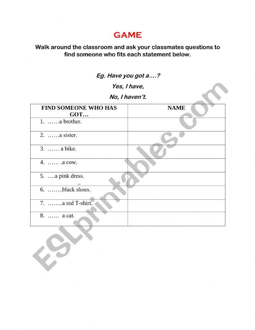 game worksheet