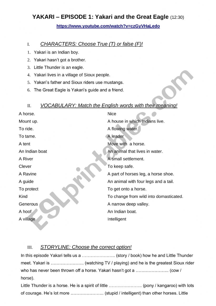 Yakari and Indians worksheet