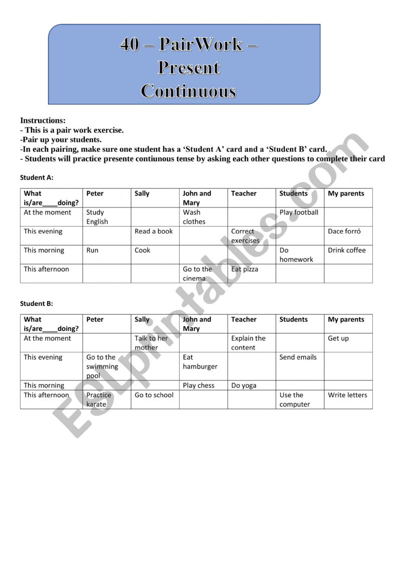 Present Continuous - Pairwork Speaking