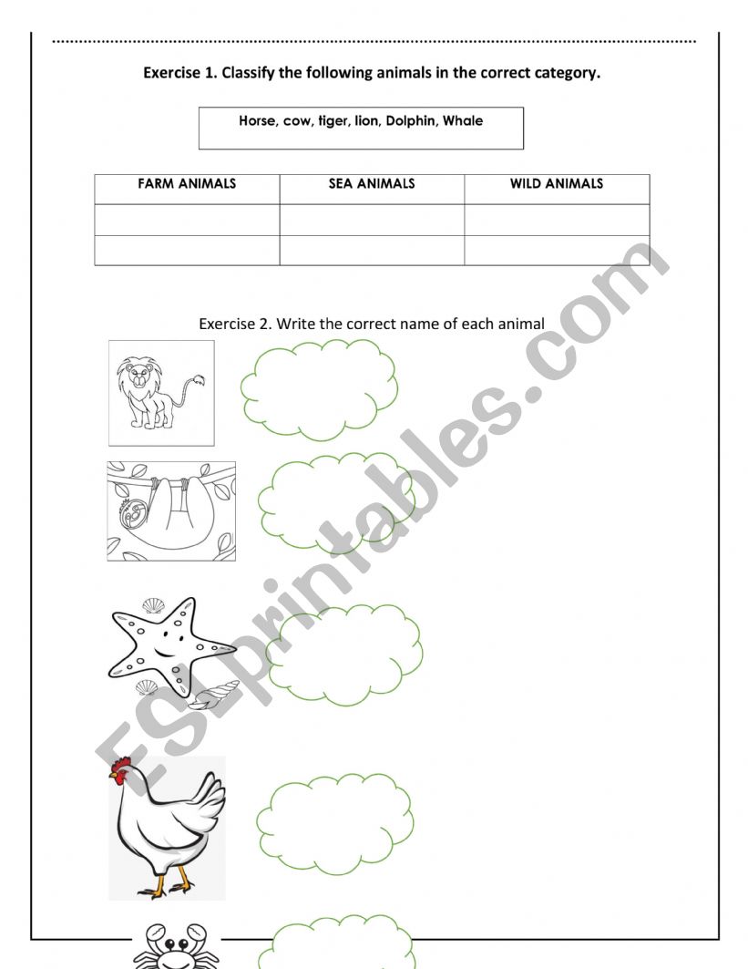 Animals worksheet