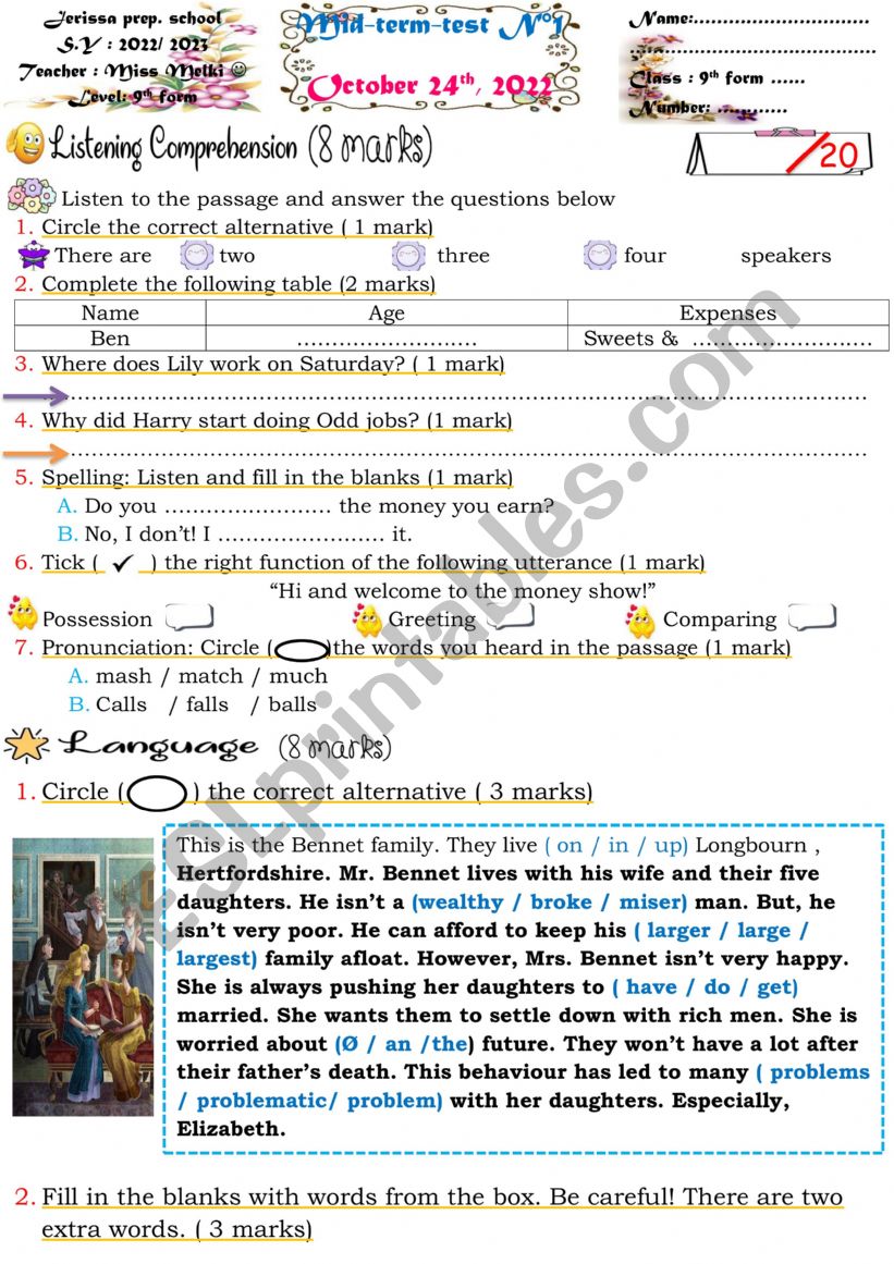 9th form mid term exam worksheet