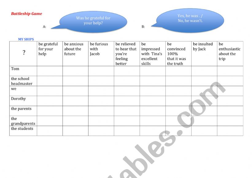 Battleship Game Emotions (Intermediate level) +Verb Â´To BeÂ´  (Simple Past Tense) 