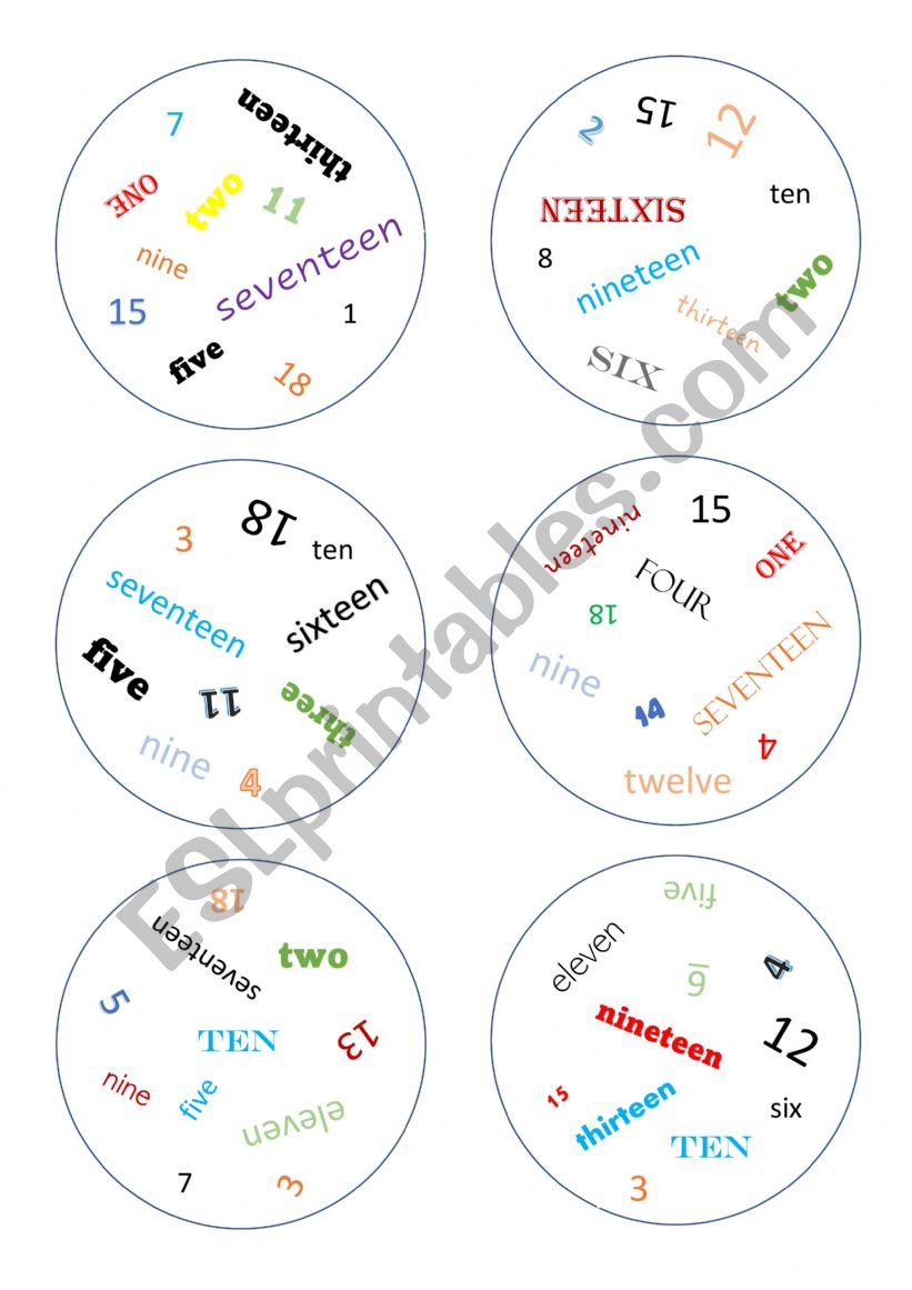 Dobble with numbers 1-20 worksheet