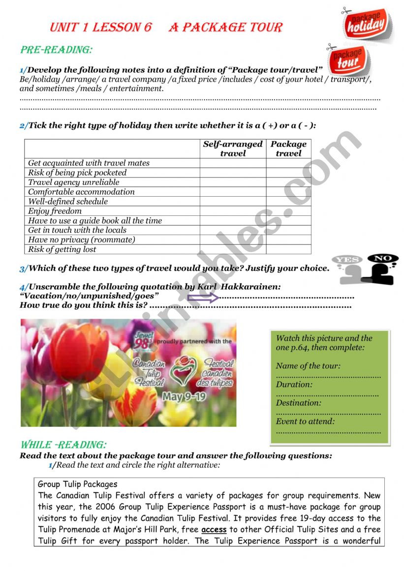 package tour worksheet