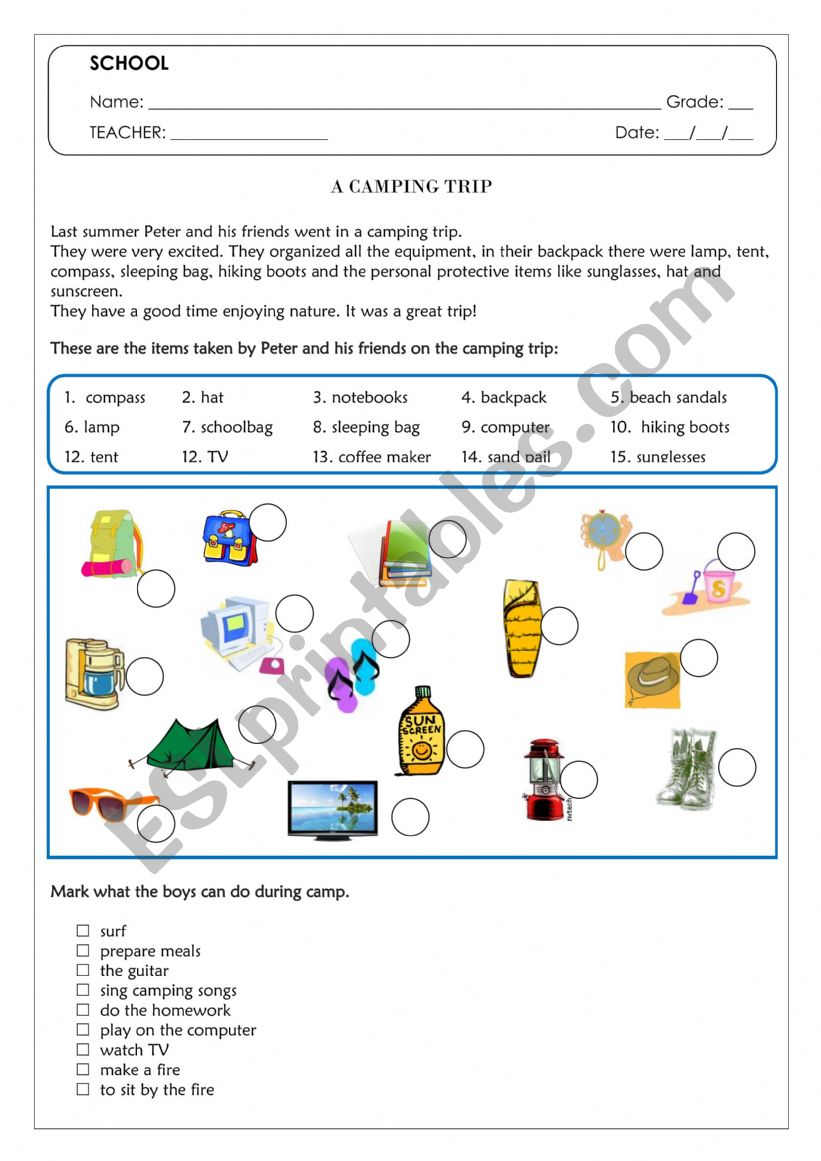 A camping trip worksheet