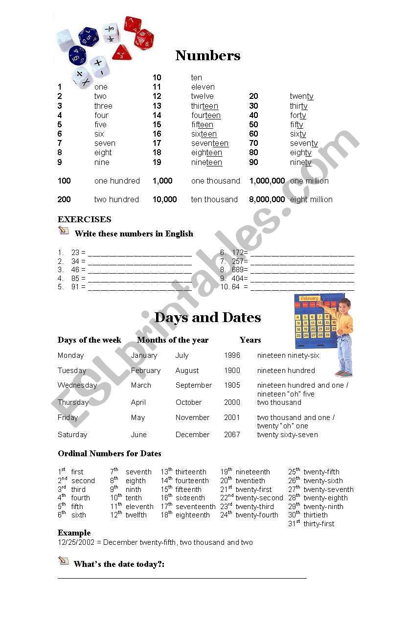 Numbers. Figures and dates worksheet