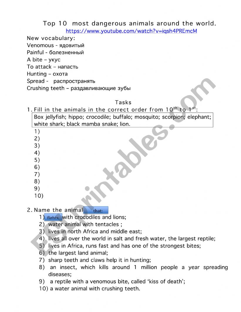 Top 10 dangerous animals worksheet