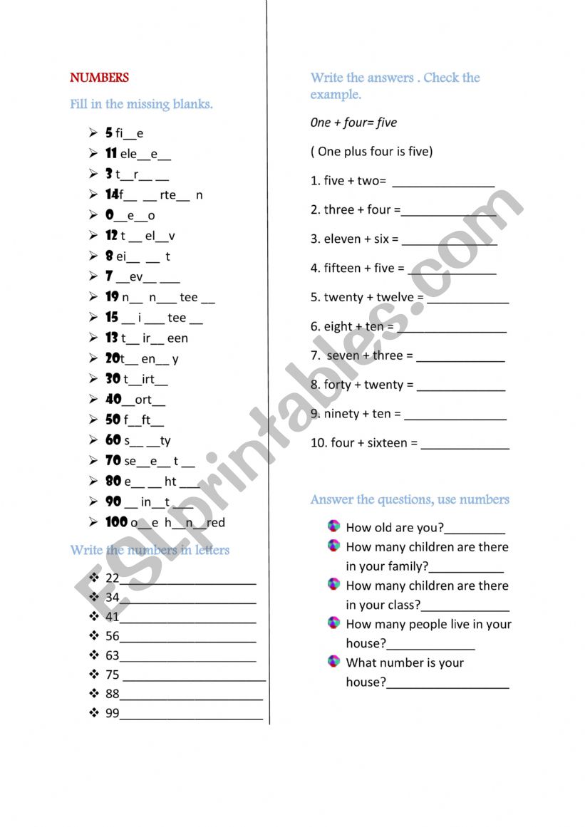 Numbers worksheet